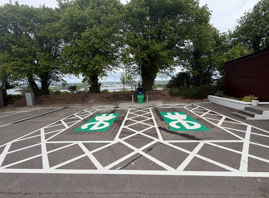 Completed EV charging bays with green EV symbols and hatched markings at Cobh Golf Course
